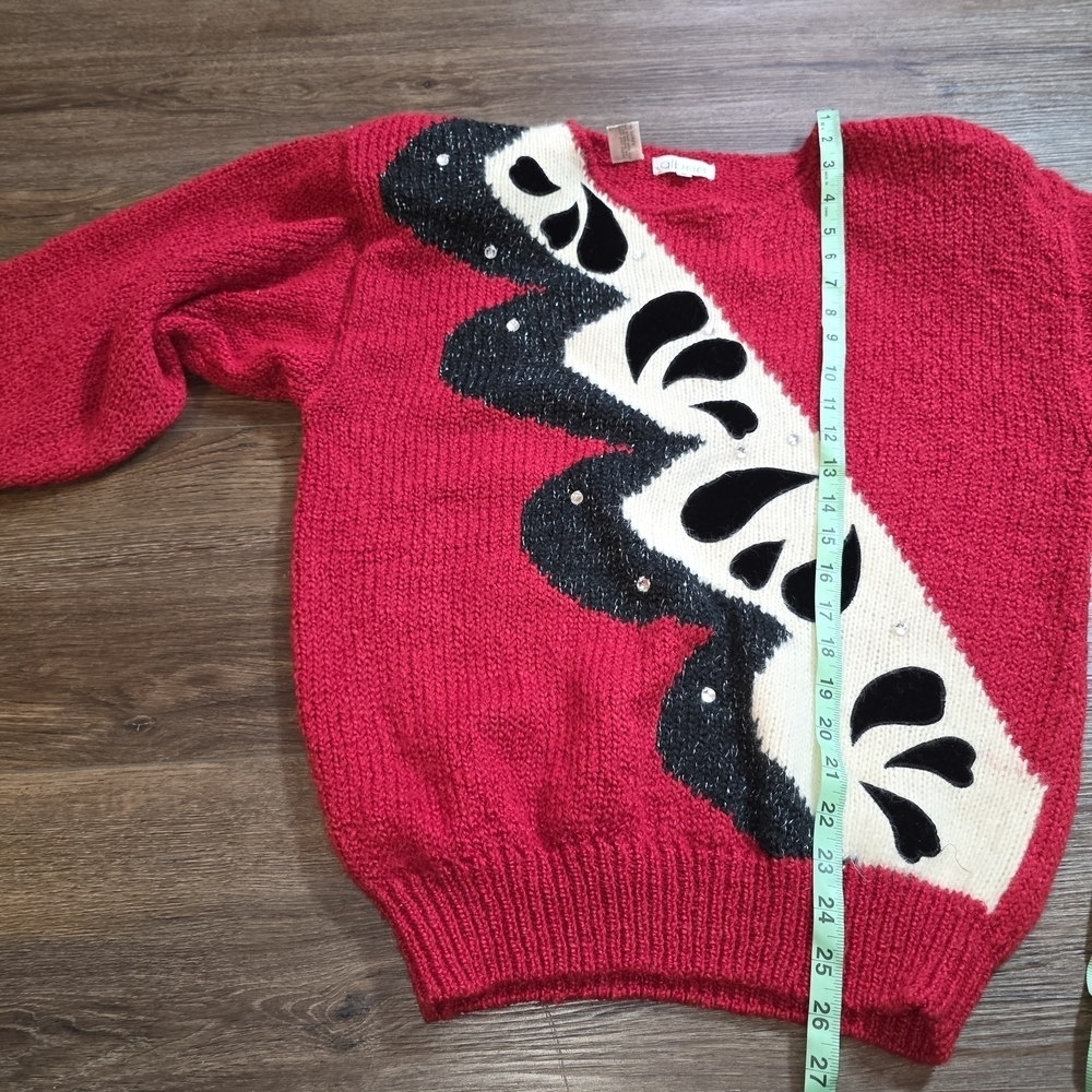 Vtg Albee Angora Blend Red Sweater w/ Velvet Appliqué & Sequins – Abstract 80s M - Picture 8 of 10